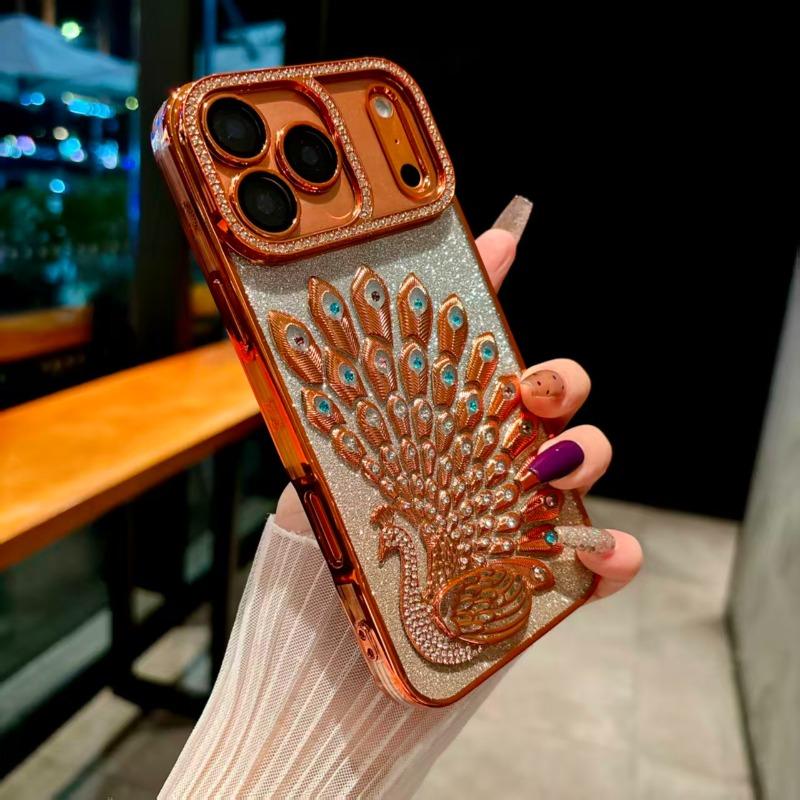 Peacock Plated Frame Glitter Stickers Rhinestone Lens Ring Case for For Iphone 17 Air 16 1 14 Plus 13 Pro Max Protect Soft Cover