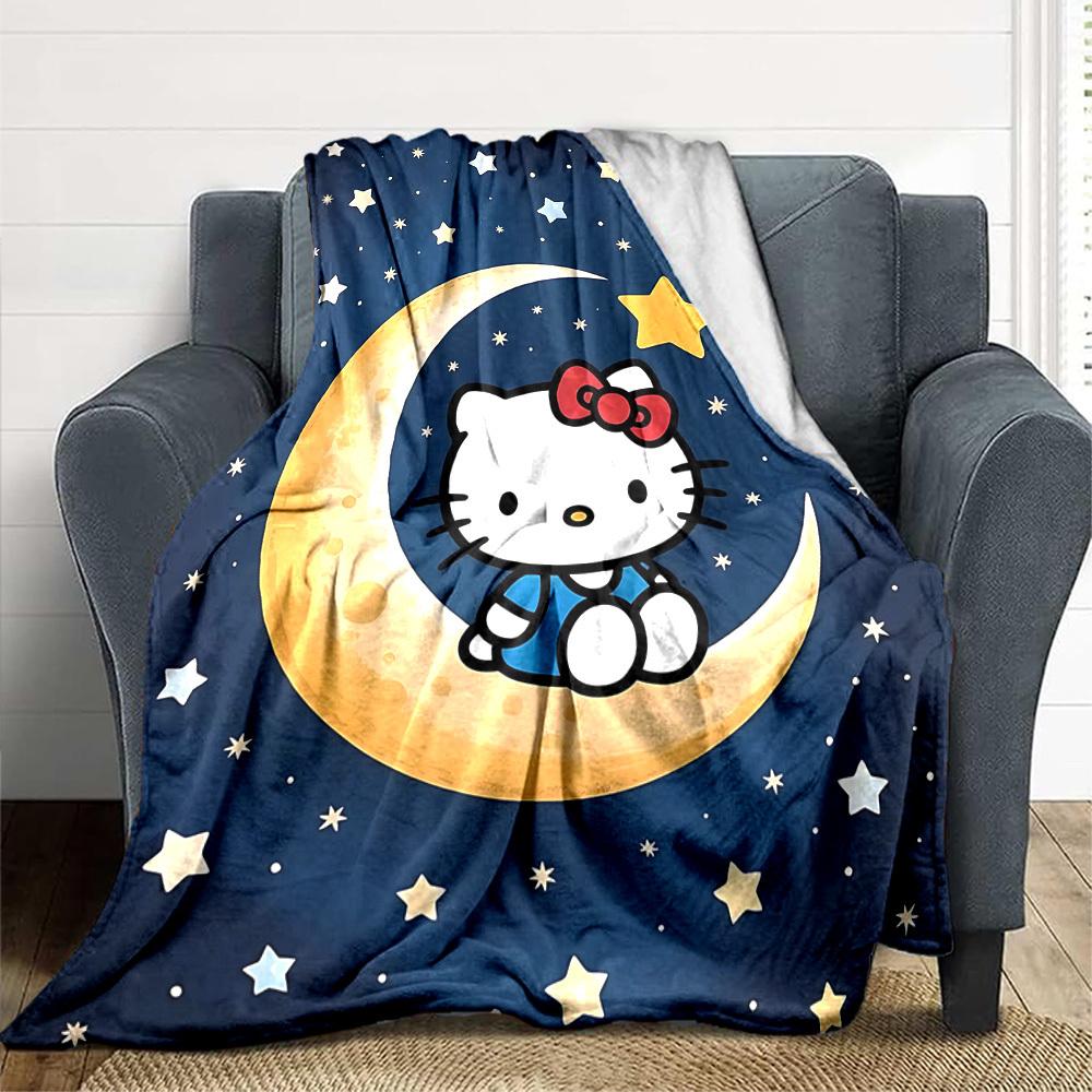 1 Stück Mond Sterne Hello Kitty Gemütliche Druckdecke Leichte Warme Flanelldecke für Sofa, Bett, Wohnzimmer