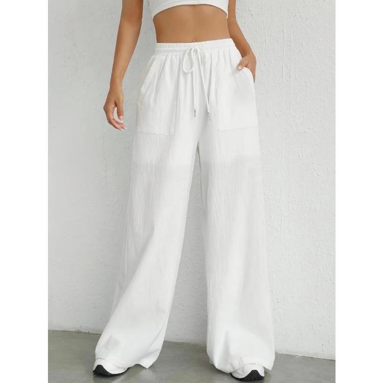 Summer New Women Casual Solid Color Drawstring Straight Leg Slightly Flared Pocket Sport Pants