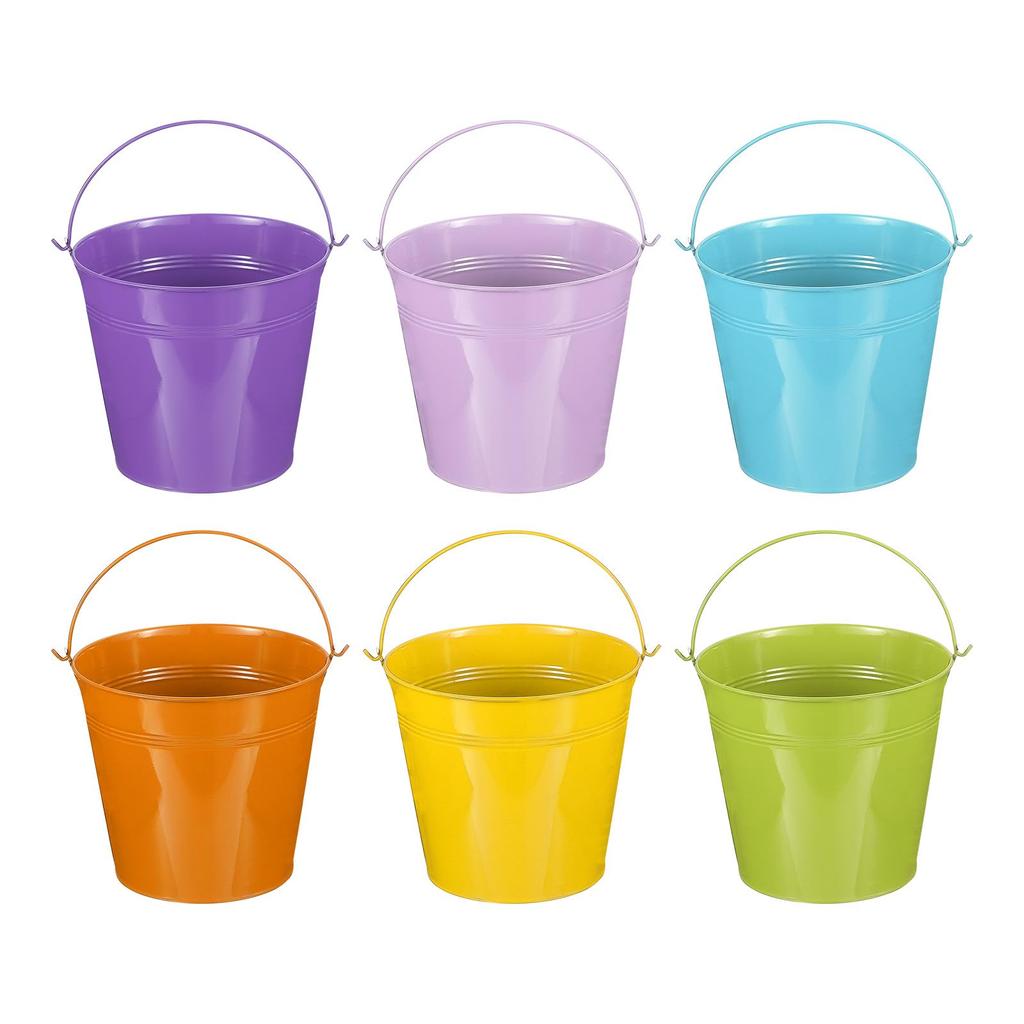 PATIKIL Small Metal Buckets with 6 Mini Buckets for Party Purple 7"x6.4" Handles, Crafts, Favors, Decorations, Green/Yellow/Orange/Blue/Light