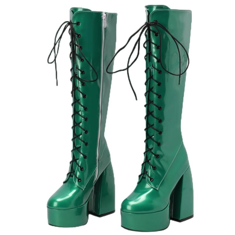 Sexy Lace Up Platform Long Boots Women Thick Gothic Heels High Knee Boot Winter Red Black Green Fetish Party Shoes Large Size 48
