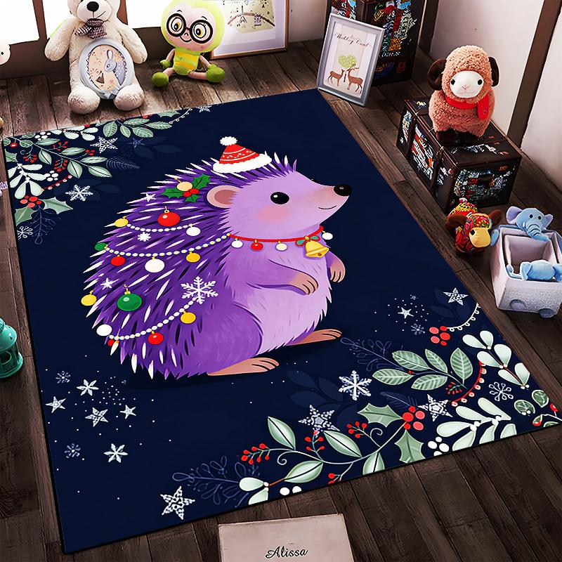 Purple Hedgehog Christmas Design Area Rug with Festive Decorations Suitable for use as an anti-slip for living room bedroom sofas