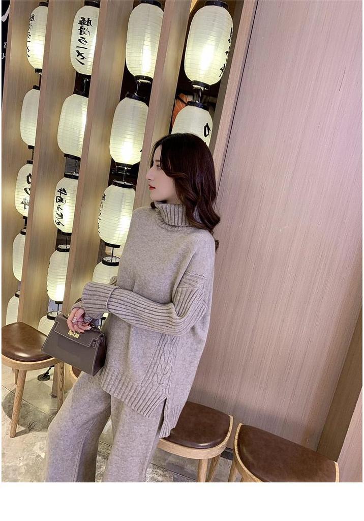 2021 Autumn/Winter Korean High Neck Slit Knitwear & Loose Wide-Leg Pants Two-Piece Set for Women
