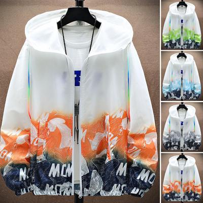 Gradient Print Hooded Drawstring Pockets Zipper Placket Windbreaker Jacket Men Summer Thin Sun Protection Coat