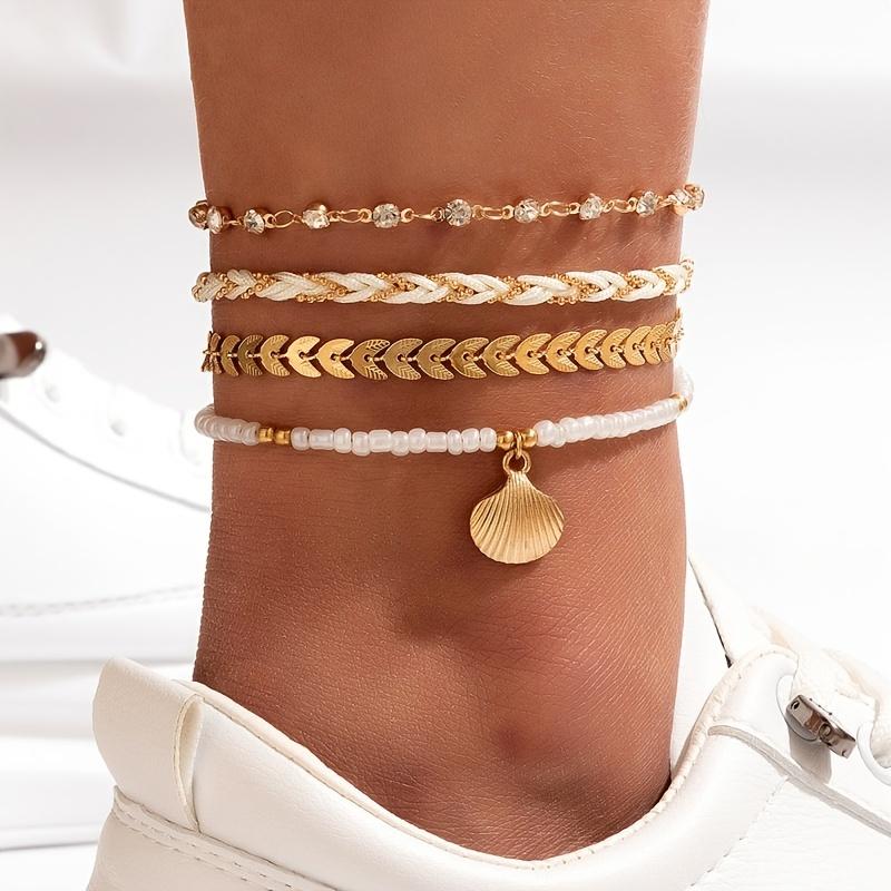 4 Pcs Personality Anklet Inlaid Shiny Rhinestones Four Layers Ankle Bracelet Summer Beach Style Foot Jewelry