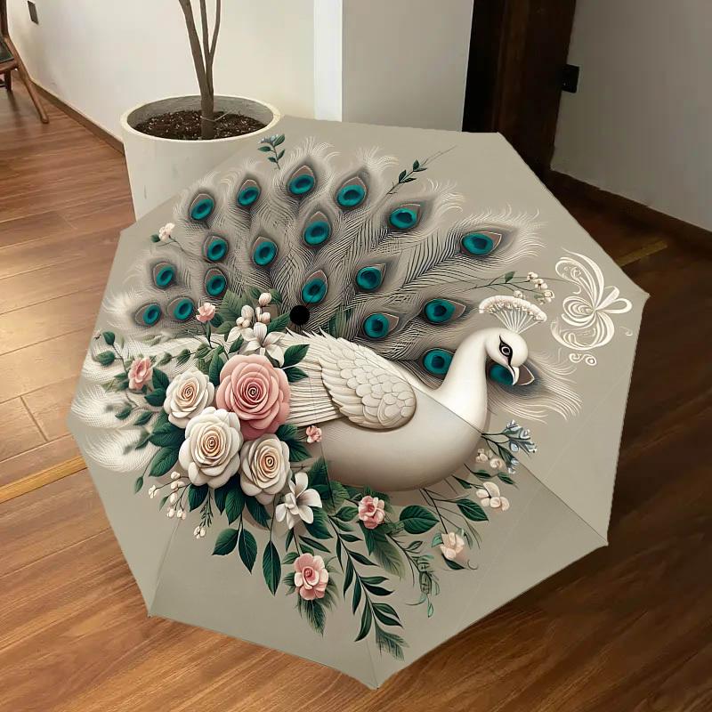 1PC Peacock flowersAutomatic Open/Close Umbrella with Windproof, 8-Rib Sturdy Canopy, Durable Ribs, Fashionable Design1282A