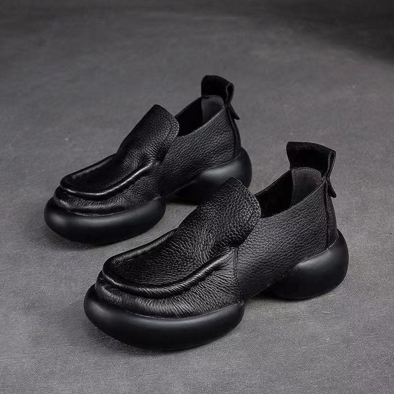 One pedal is not tired, autumn retro style, round head, comfortable and casual thick-soled small leather shoes for women