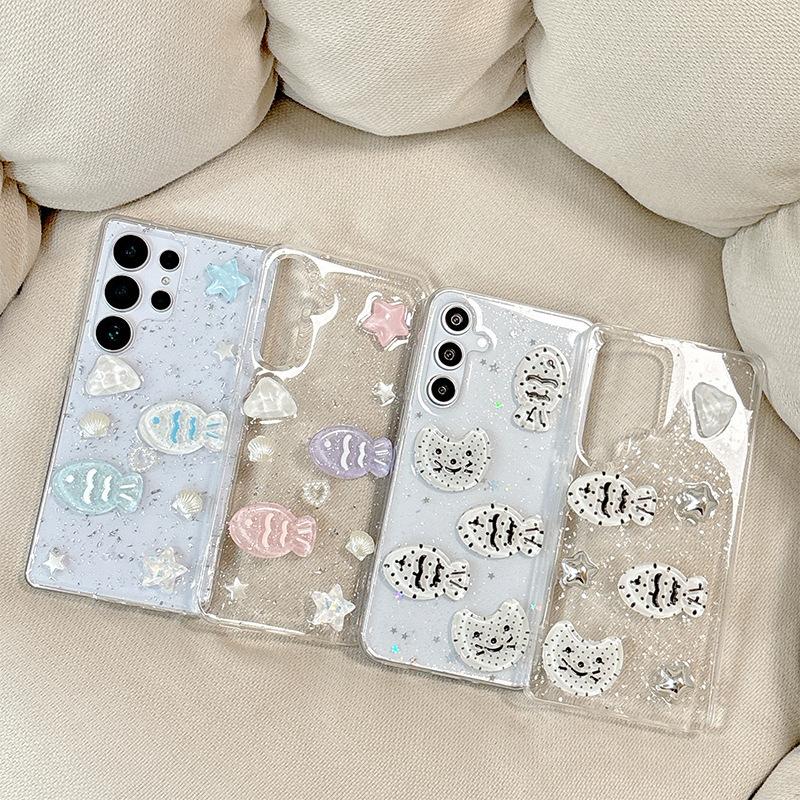 Japoński i Koreański Styl dla Etui na Telefon Samsung S25ultra, Kot Ryba S24plus 3D Gwiazda A55 Brokat 23