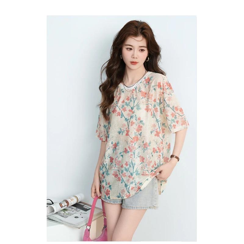 DIMANAF 2026 Plus Size Summer Beach Women T-Shirts Casual Lady Tops Tunic Tees Shirt Oversize Loose Floral Print Knitted