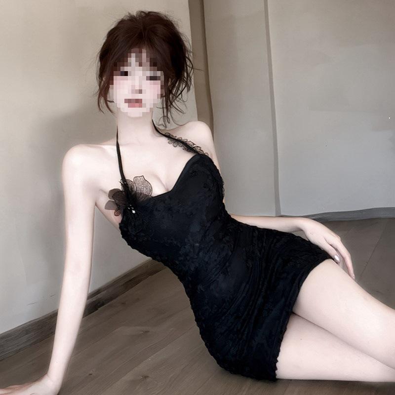 Spice girl sexy pure lace neck sling dress temperament three-dimensional flower decoration backless slim hip skirt
