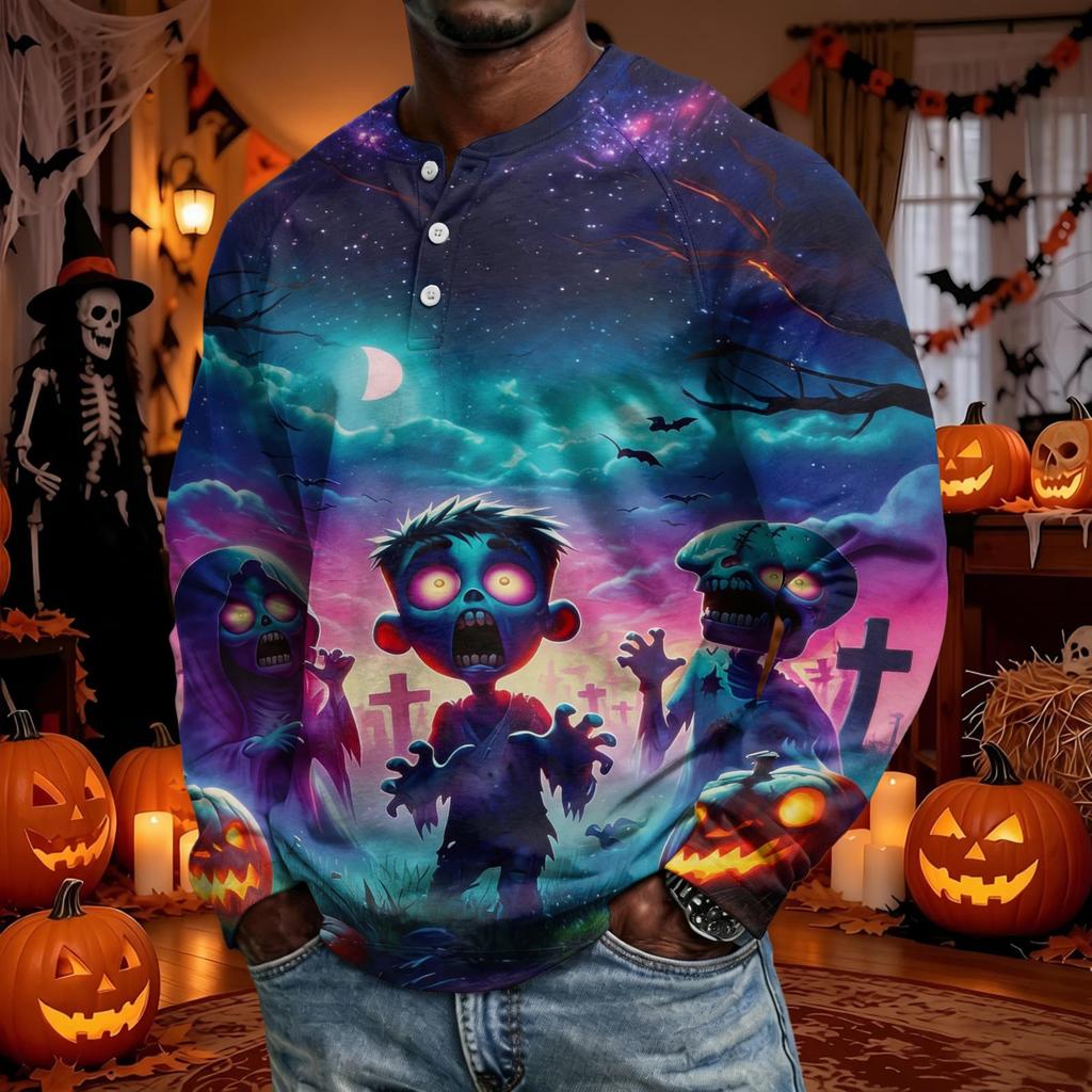 Men's Long Sleeve Shirt Loose Fit Casual Top for Halloween and Everyday Wear