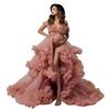 Off-Shoulder High Waist Maternity Gown with Front Slit and Puffy Tulle Skirt