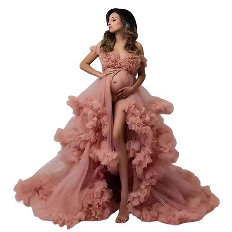 Off-Shoulder High Waist Maternity Gown with Front Slit and Puffy Tulle Skirt