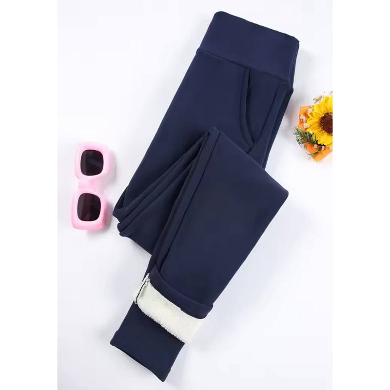 Damen Samt Leggings mit Taschen Herbst Winter Warm Fleece Strumpfhose Samt Einfarbig Kälteverhindernde Leggings Stretch Leggings