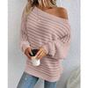 Autumn Winter New Solid Color 3D Ribbed Horizontal Stripe One-Shoulder Batwing Sleeve Pullover Knit Sweater for Women