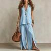 Women's Loose Fit Two Piece Pant Suit Sleeveless V Neck Linen Blend Shirt Split Wide Leg Trousers Vacation Matching Set