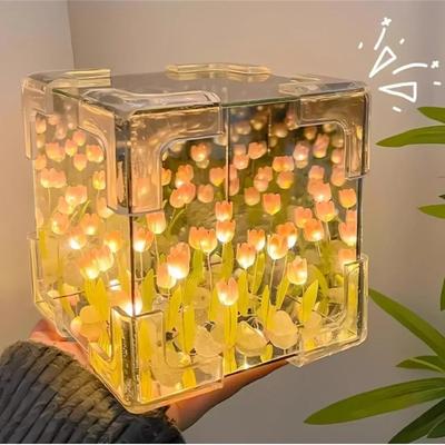 Boîte à Fleurs Romantique Tulipe Lampe de Nuit Tulipe LED Faite à la Main Kit de Matériaux DIY Ornement de Chevet de Bureau Boîte Miroir Décoration de Salon