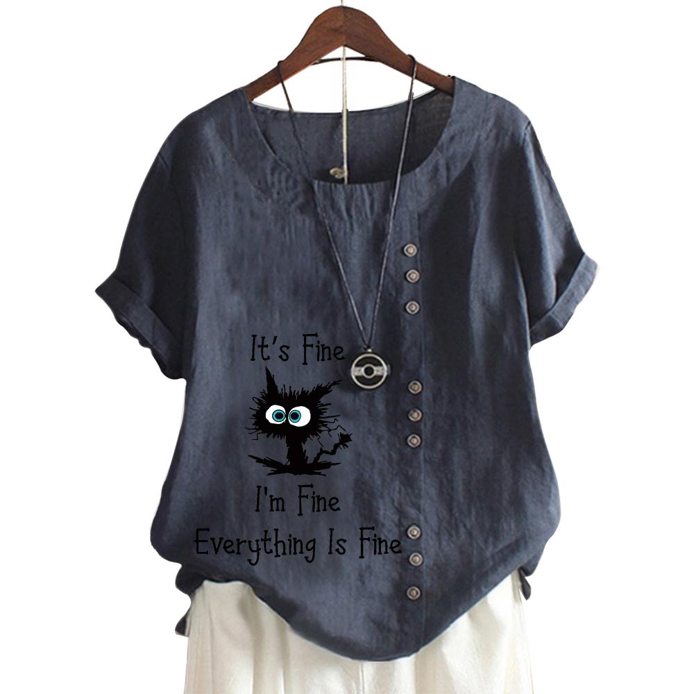 

Модная женская хлопковая футболка с цветочным принтом и пуговицами XL темно-синий