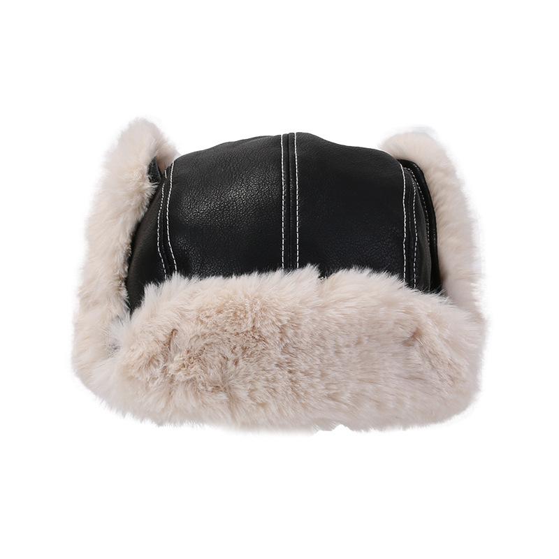 Lei Feng Hat for Women In Winter Warm PU Leather Plush Hat Northeast Outdoor Cold Proof Flying Hat Ear Protection Head Hat Men