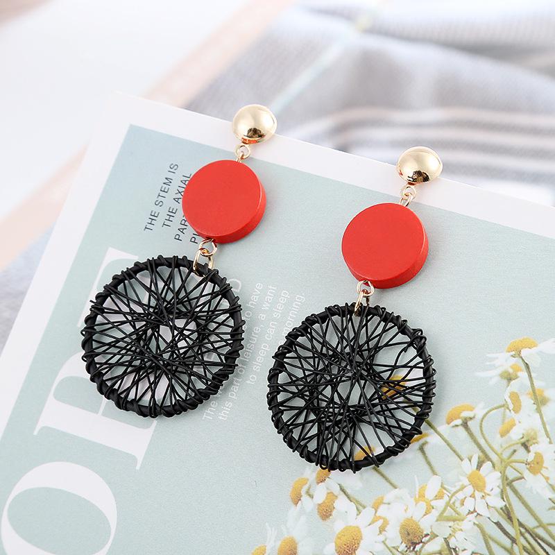 Hollow Woven Net Dangle Earrings for Women Fashion Funny Wooden Round Pendants Drop Earrings Cool Stuff long hanging earrings