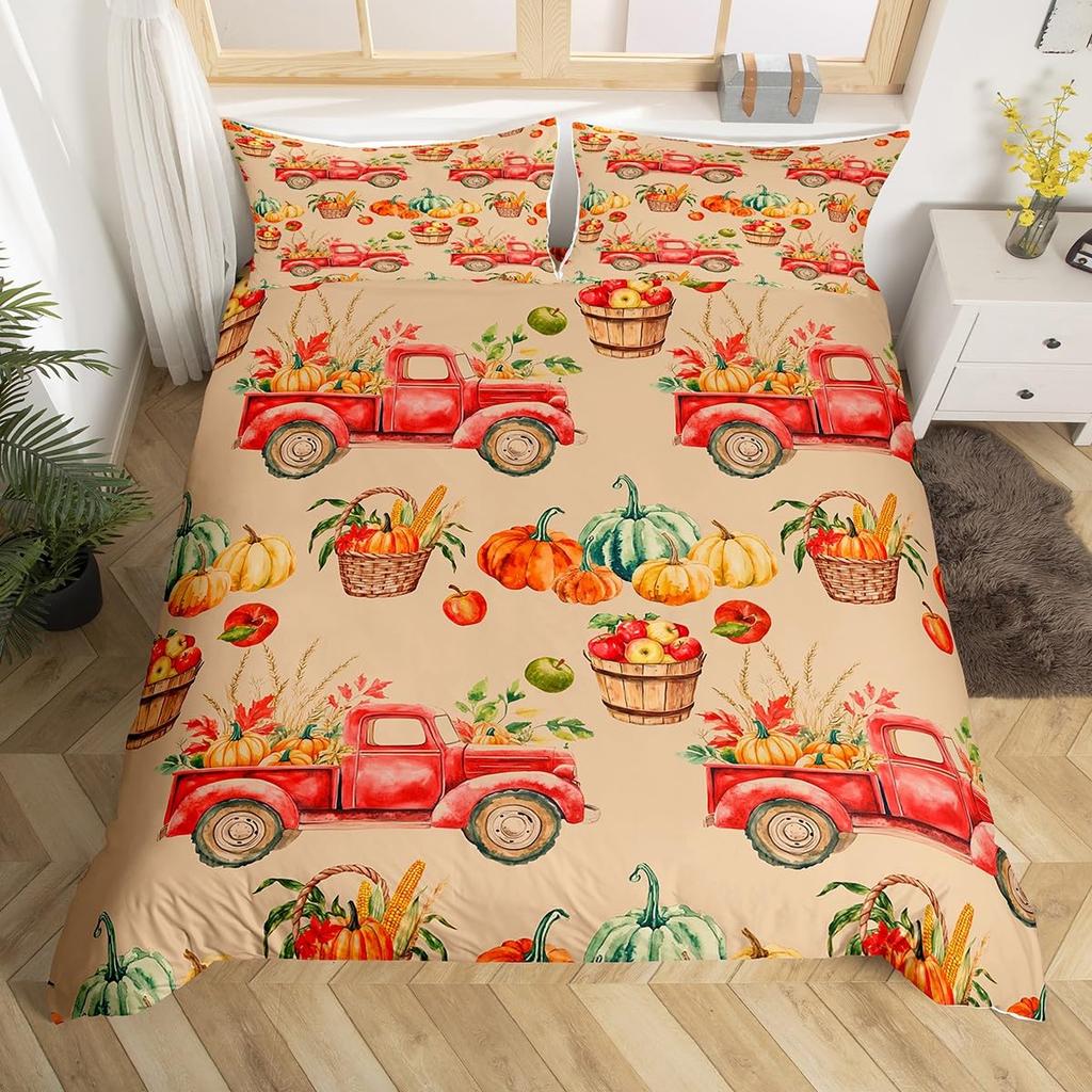 Cartoon Dwarf Dwarf Duvet Cover Queen for Kids Girls,Fall Leaves Pumpkin Bedding Set Autumn Gnome Turkey Maple Leaf Quilt Cover