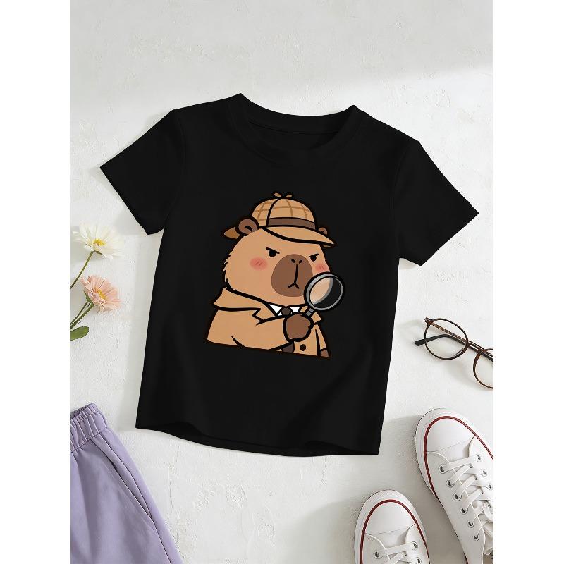European sizes Girls' Short-Sleeve Capybara Detective T-Shirt, Kids' Round Neck Breathable Skin-Friendly Top, Korean Style , Versatile