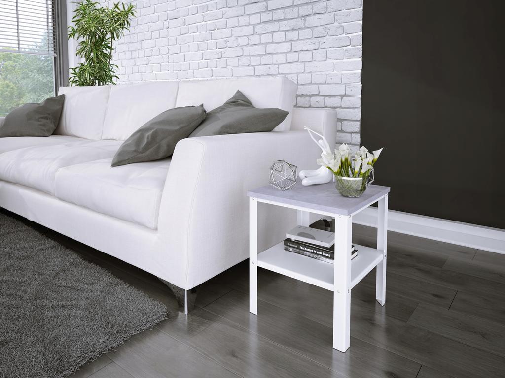 Stolik Nocny Skręcany Z Półką Loft Sypialnia 40X40X45 Biały+Beton Jasny