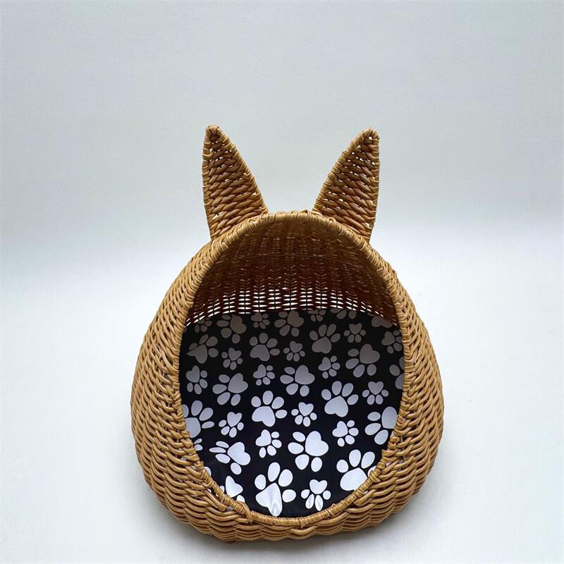 Washable All-Season Wicker Cat Ear Pet Bed