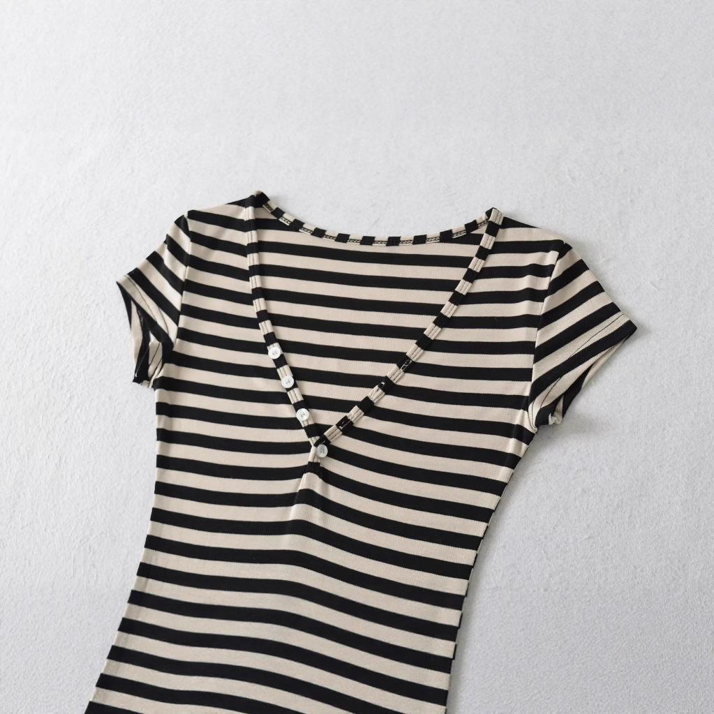 T-shirt rayé élastique à col en V et manches courtes pour femme - Style Fille Américaine Épicée - Haut de base moulant