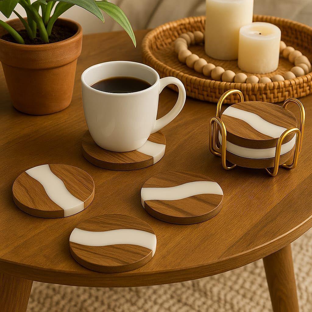 Wooden Coaster Set of 4 for Dining Table – Premium Wood & Resin Drink Coasters with Gold Stand – Stylish Tea Cup, Coffee Mug & Glass Coasters