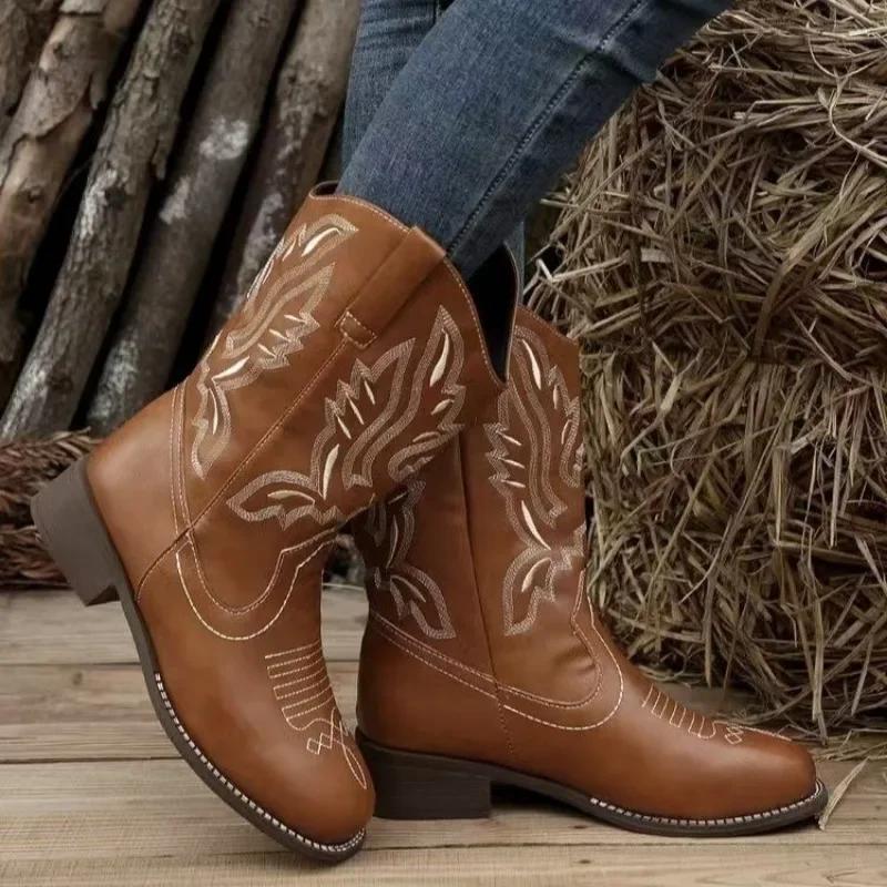 Fashion Retro Western Cowboy Women's Boots 2024 Slimming Embroidered Platform Shoes for Women Square Headed Thick Heel Mid Length Boots