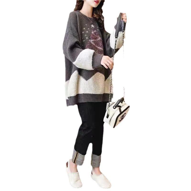 Wishing Tree Christmas Sweater Women's Autumn and Winter New Crew Neck Sweater Pullover Foreign Style Loose and Skinny Knitted Sweater Women
