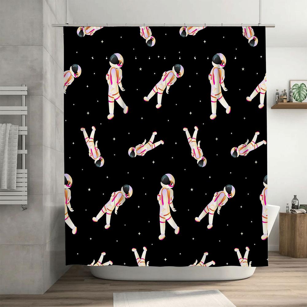 Outer Space Astronaut Shower Curtain Black Background with Pink Accents Perfect for Bathroom Decor