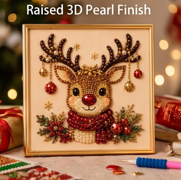 Christmas Pearl Diamond Painting Kit with Pre-Framed Canvas,  DIY Round Gemstone Beads Art Craft Set for Adults Beginners, Holiday Home Decor Wall Ar