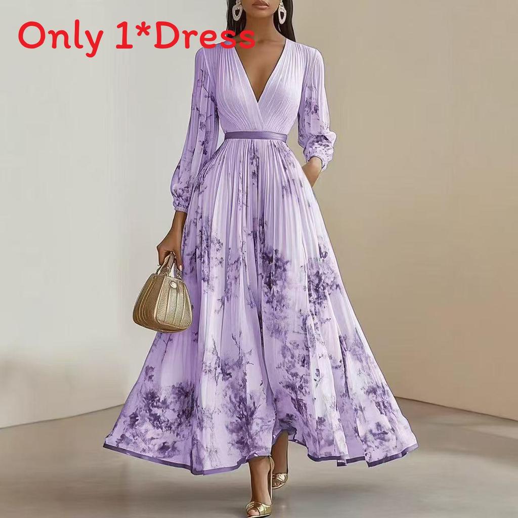 Elegante Abito Lungo con Stampa Floreale, Scollo a V e Design Pieghettato per la Serata
