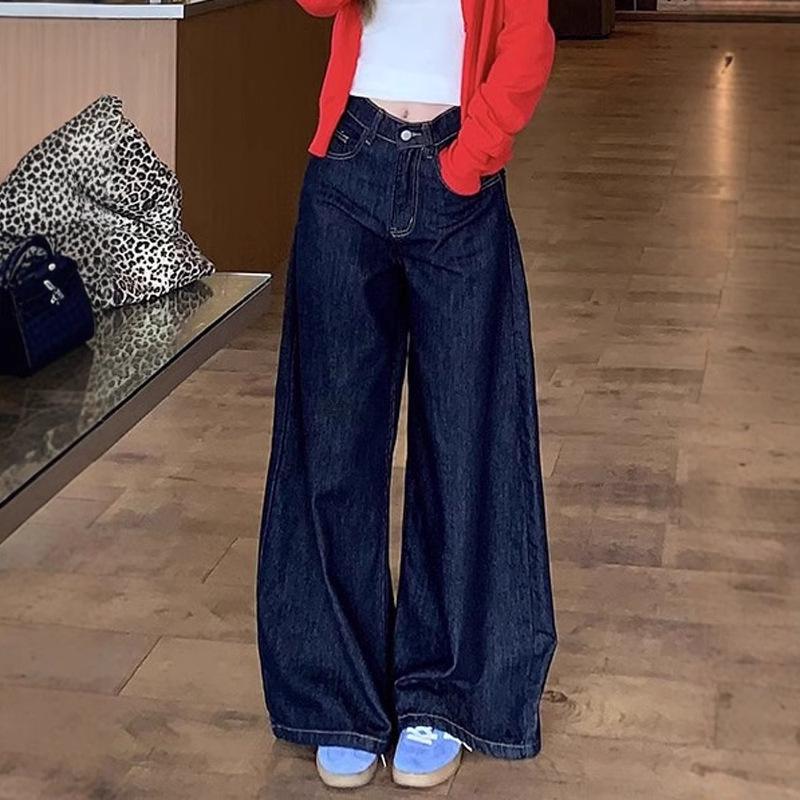 Petite High Waist Retro Dark Blue Wide Leg Jeans for Women - Casual, Slimming, Floor-Length Trousers