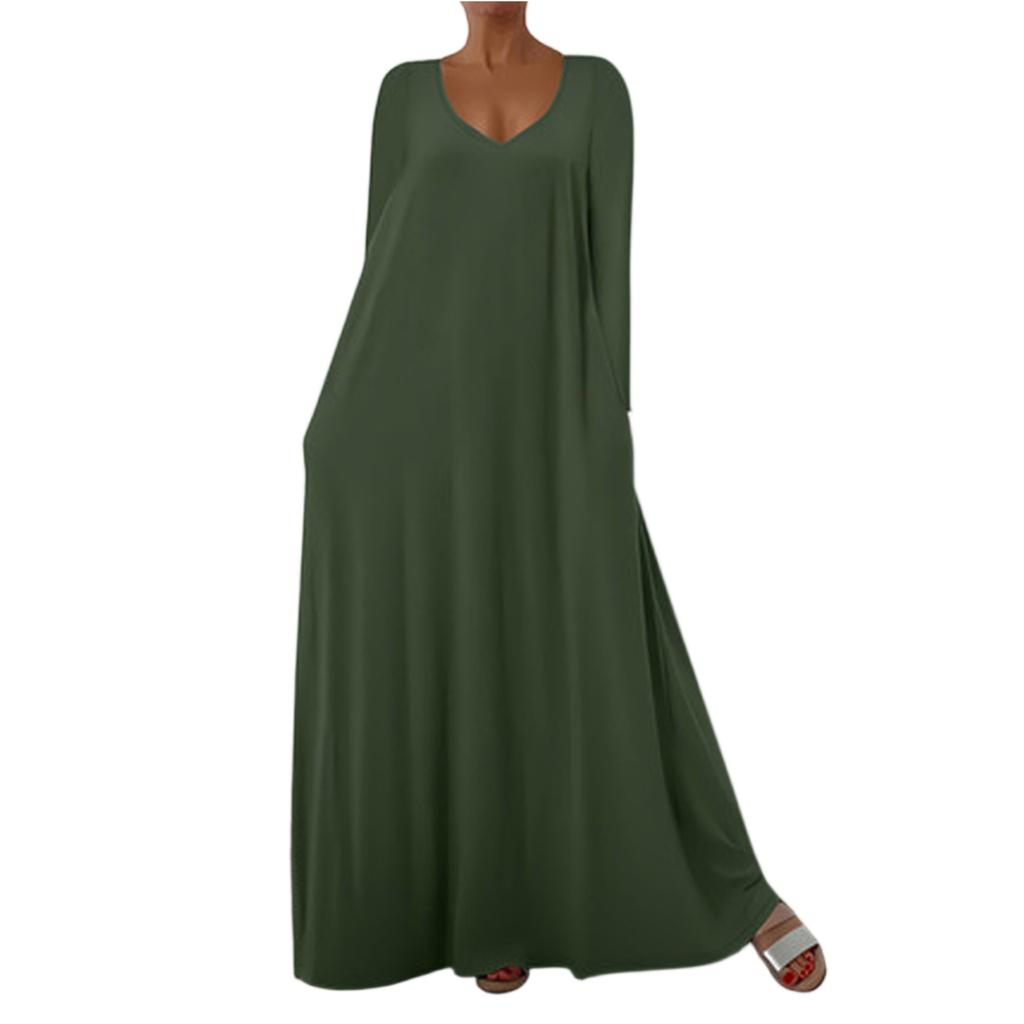 Abito Lungo Casual da Donna alla Moda, Scollo a V, Maniche Lunghe, Vestibilità Larga, Pullover