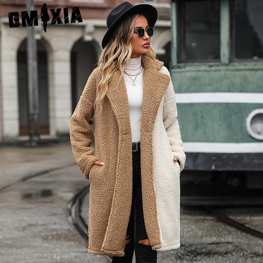 GMXIA's Fashion Autumn and Winter Women's Jacket Features A Long-sleeved, Color-blocking Style with A Suit Collar and Bubble Fleece Casual Coat