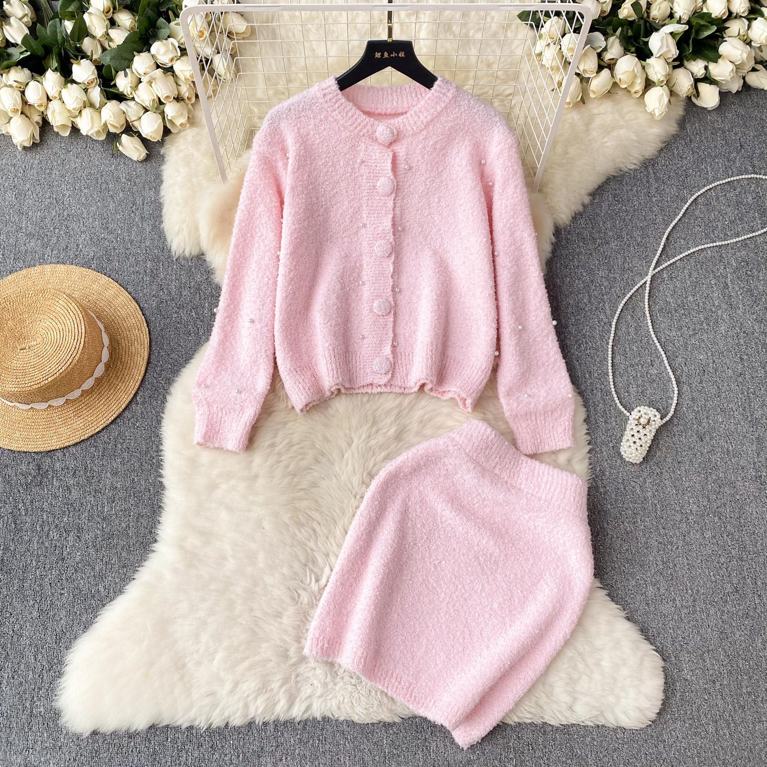 

Осенний женский розовый вязаный свитер с бисером, комплект из двух предметов, однобортное пальто, куртка и мини-короткая облегающая юбка-карандаш, наряды