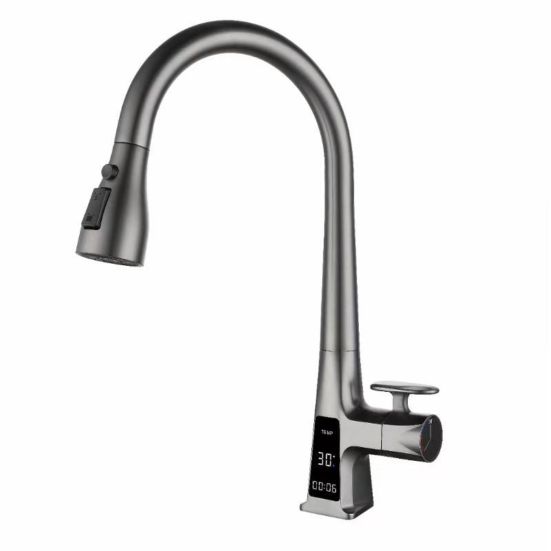 Grey Pull-out Kitchen Sink Faucet Temperature Display Brass Hot And Cold Mix Faucet 360° Rotating Splash Proof Sink Taps