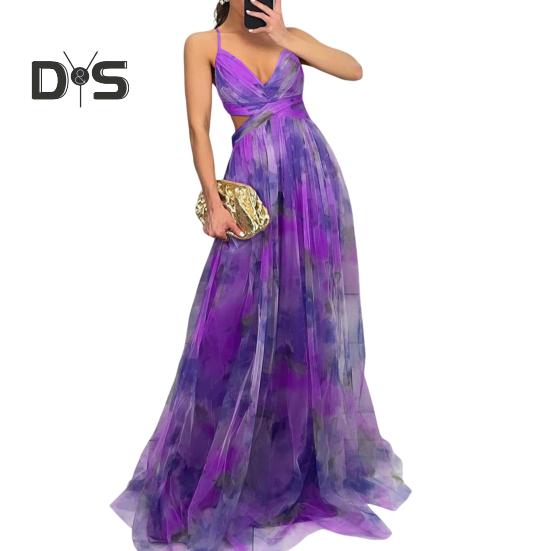 Damen Spaghettiträger Maxikleid Blumen Boho Tiefer V-Ausschnitt Aushöhlen Mesh Plisseekleid Sommer Strand Party Swing Langes Kleid
