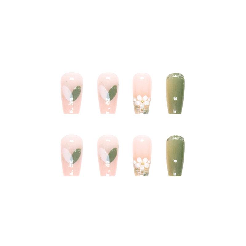 Artificial Nails Medium-length False Nails Summer Dreamy Two-color Gradient Nail Art Wear Nail Three-dimensional Pearl Five-petal Flower