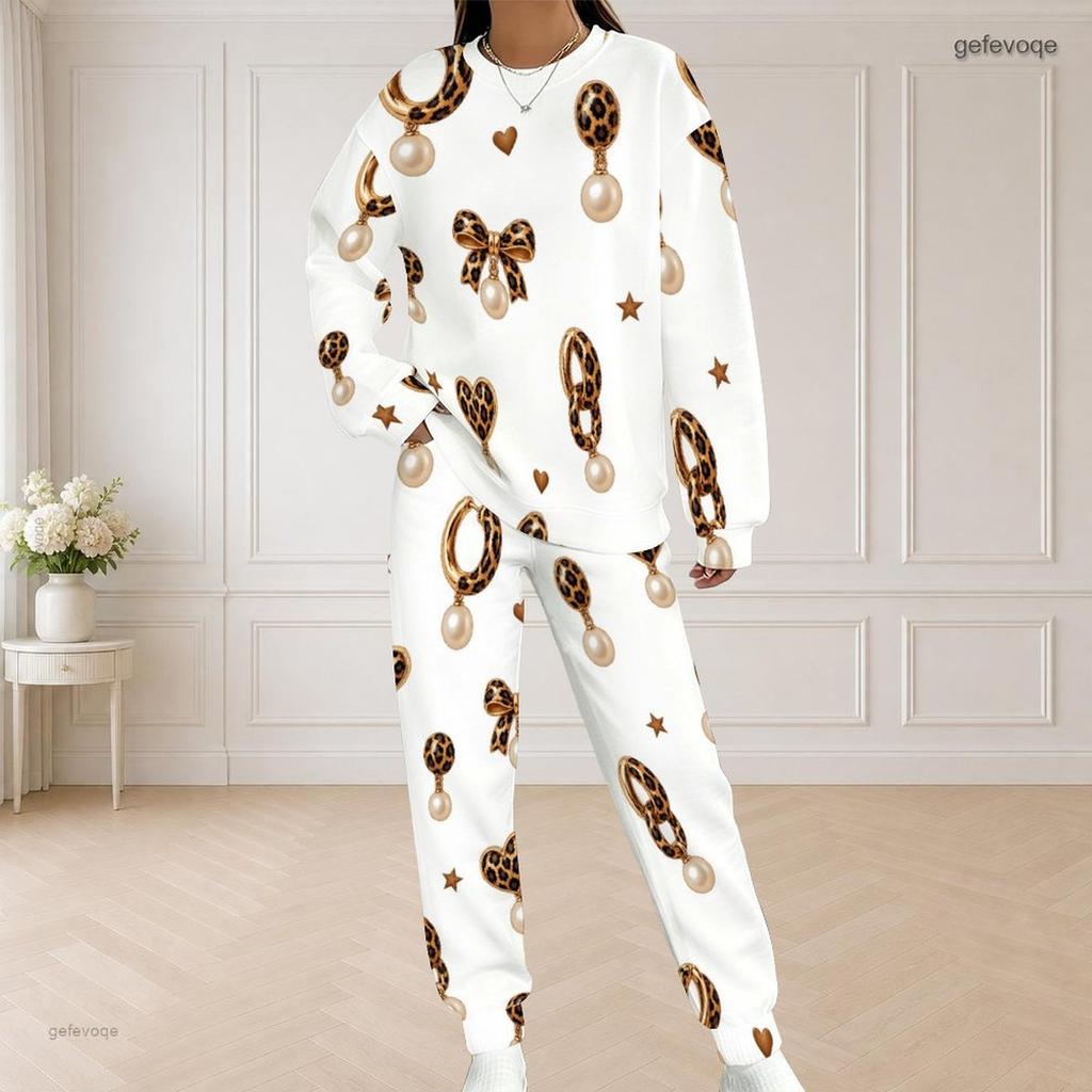 Women Plus Size White Halloween Printed Round Neck Long Sleeve Two Piece Set With Side Pockets