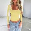 Ladies Spring Autumn Long Sleeve Square Collar Solid Color Slim Fit Pullover Bare Midriff T Shirt Top