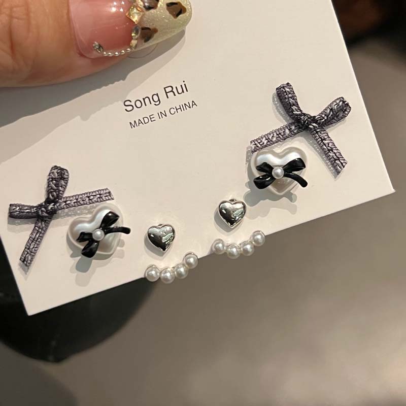 6 Stück/Set Koreanische Rosa Schleife Schleifenknoten Geformte Perlenstecker Set für Damen Süße Perlen Herz Anhänger Ohrring Zirkon Geschenke