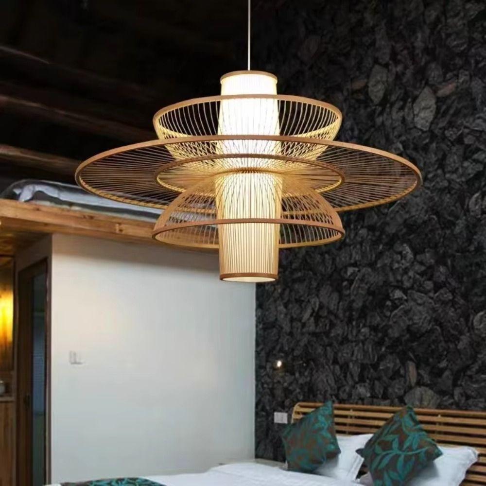 Woven Rattan Pendant Lamp Hand Knitted Ceiling Light Rural Handmade Wicker Chandelier Bedroom