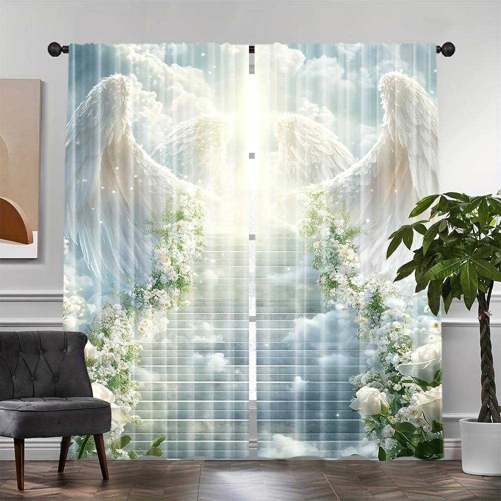 2pcs Shimmering White Angel Wings & Floral Curtains – for Kitchen   Caf   Office   Living Room & Bedroom Decor