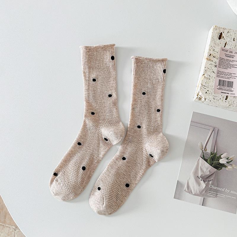 Women's Polka Dot Mid-Calf Cotton Socks with Rolled Cuffs - Retro Mesh, Breathable, Slouchy, Versatile, Casual Style