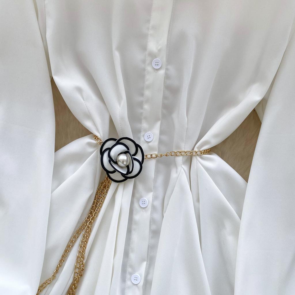 Women's Spring Autumn Loose Casual Dress Metal Chain Waist French Style Long Lantern Sleeves Elegant Shirt Dresses