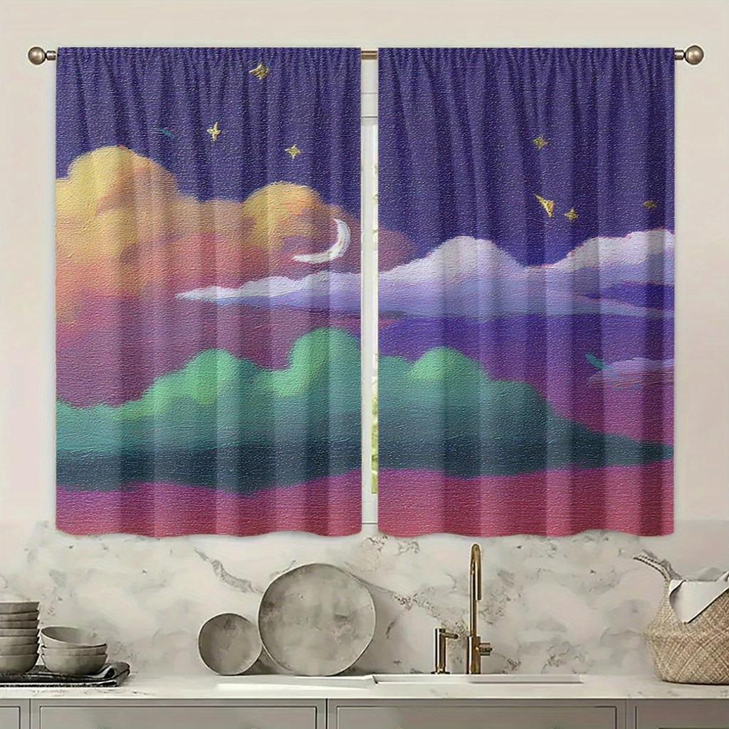 Set Of 2 Polyester Material Night Sky Star Moon Pattern Print Curtains Suitable Bedroom Living Room Sheer Made Sitting Window Treatment